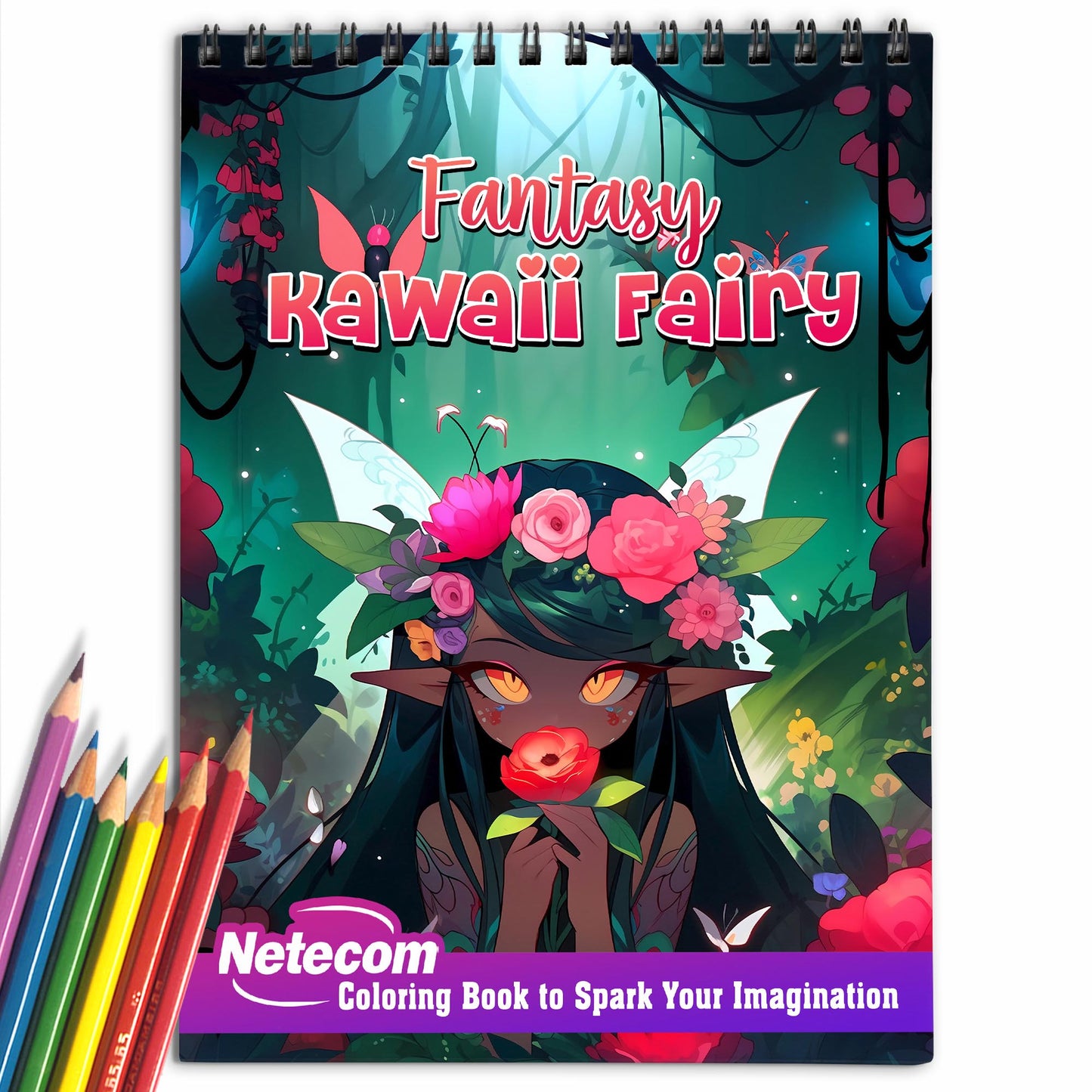 Fantasy Kawaii Fairy Spiral Bound Coloring Book, Embark on a Coloring Journey with 30 Pages, Featuring Adorable Kawaii Fairies in Magical Settings