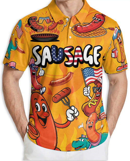 Funny Sausage Polo Shirt – Patriotic BBQ Cartoon Print | Netecom
