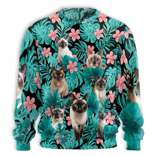Tropical Siamese Cat Sweatshirt, 3D All Over Print Beach Cat Crewneck Pullover for Men Women, Siamese Cat Lover Gift - Netecom