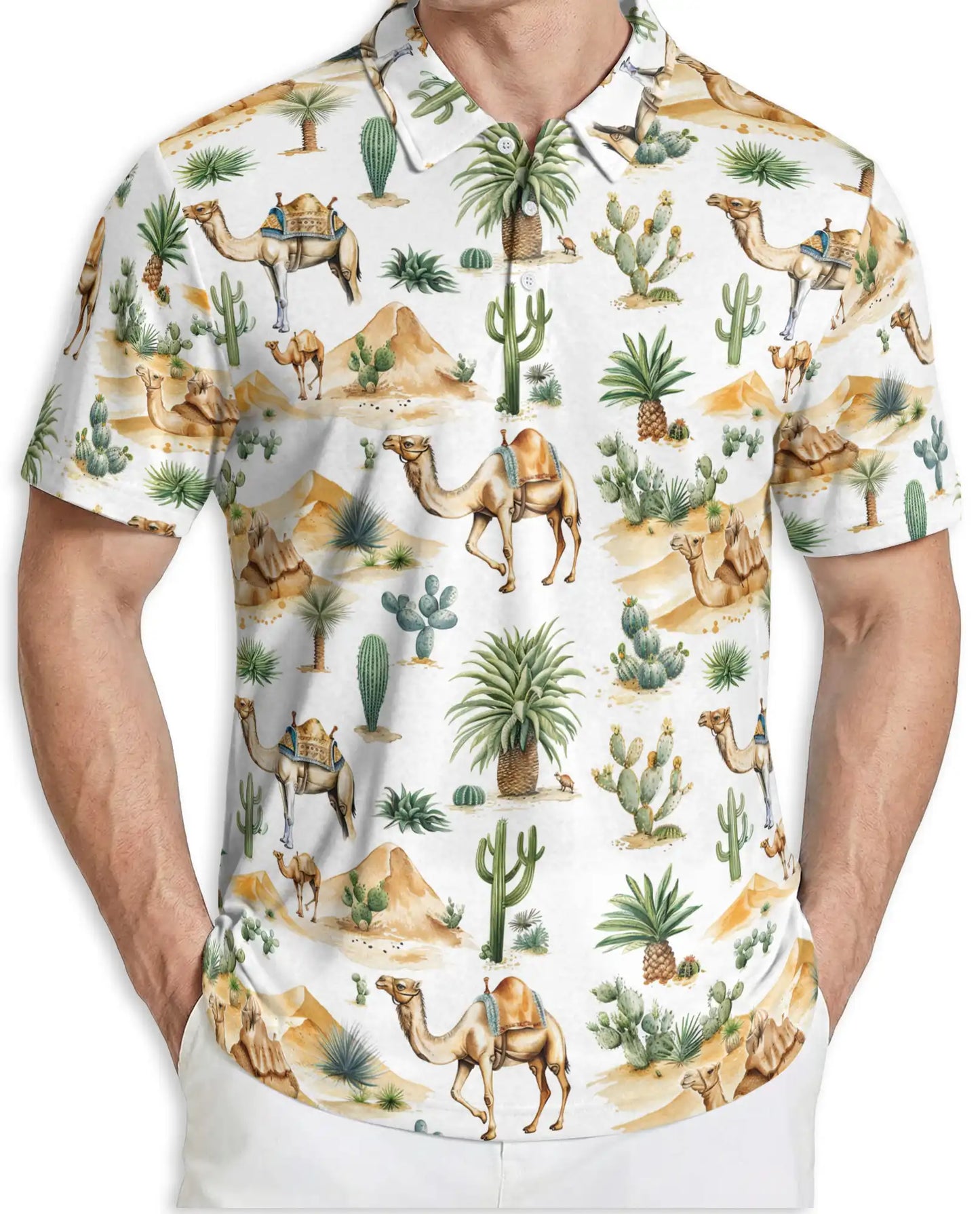 Desert Camel 3D Polo Shirt for Men – Safari Cactus Tropical Style | Netecom