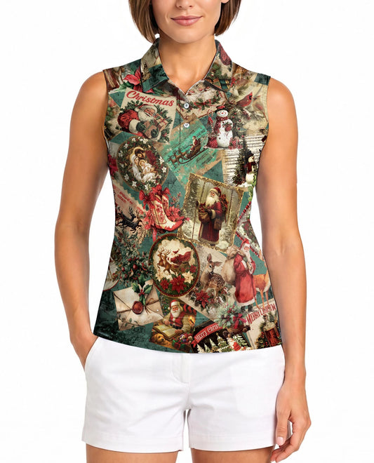 Vintage Christmas Collage Sleeveless Polo Shirt for Women | Netecom