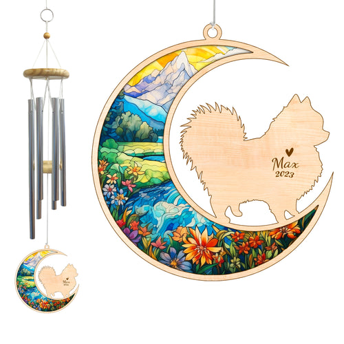 Netecom Pomeranian Dog Wind Chimes Memorial, Personalized Pet Memorial Wind Chimes for Dog Suncatcher, Pom Dog Loss Memorial Ornament, Loss of Pet Sympathy Gift, Remembrance Windchime Outside Garden Decor