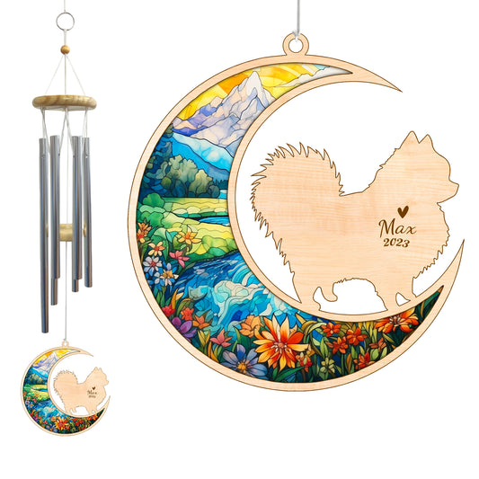 Netecom Pomeranian Dog Wind Chimes Memorial, Personalized Pet Memorial Wind Chimes for Dog Suncatcher, Pom Dog Loss Memorial Ornament, Loss of Pet Sympathy Gift, Remembrance Windchime Outside Garden Decor