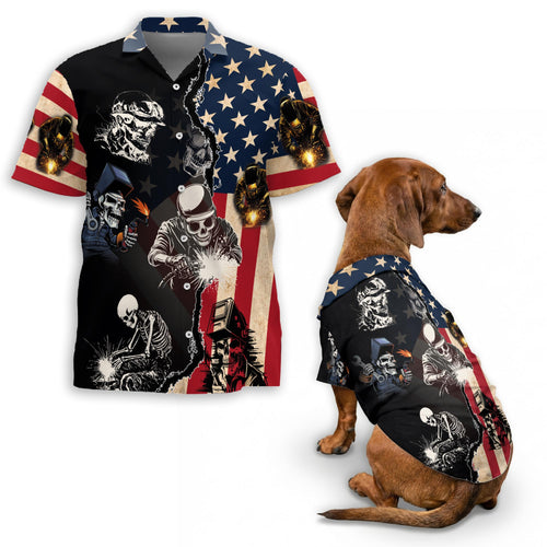 Netecom Matching Patriotic Welder Aloha Hawaiian Shirt for Dog and Owner, Limited Edition Summer Button Down Shirt, Bold Casual Beach Vacation Wear for Pet and Human