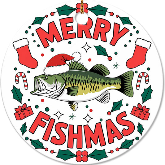 Netecom Vintage Largemouth Bass in Santa Hat Ornament, Merry Fishmas Ceramic Ornament for Christmas Tree Hanging Decorations Gift, Fisherman Gifts, Christmas Party Present