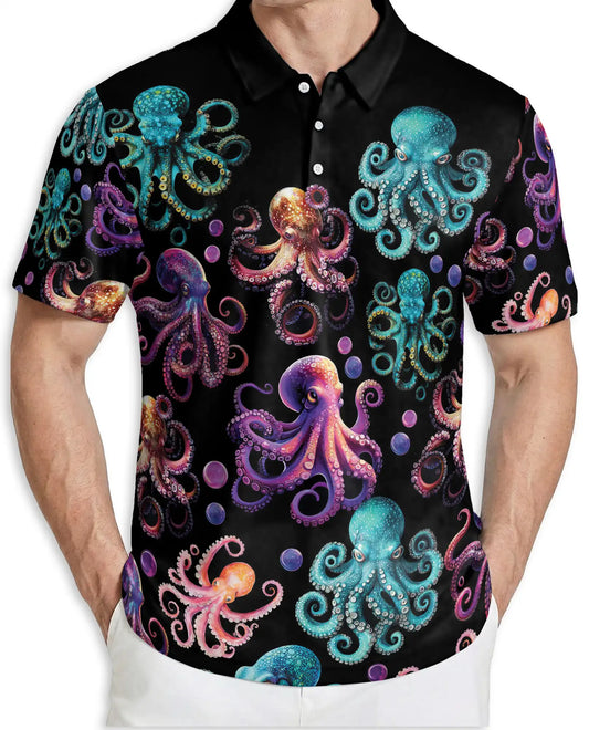 Colorful Octopus Ocean 3D Polo Shirt for Men – Neon Sea Creature Style | Netecom