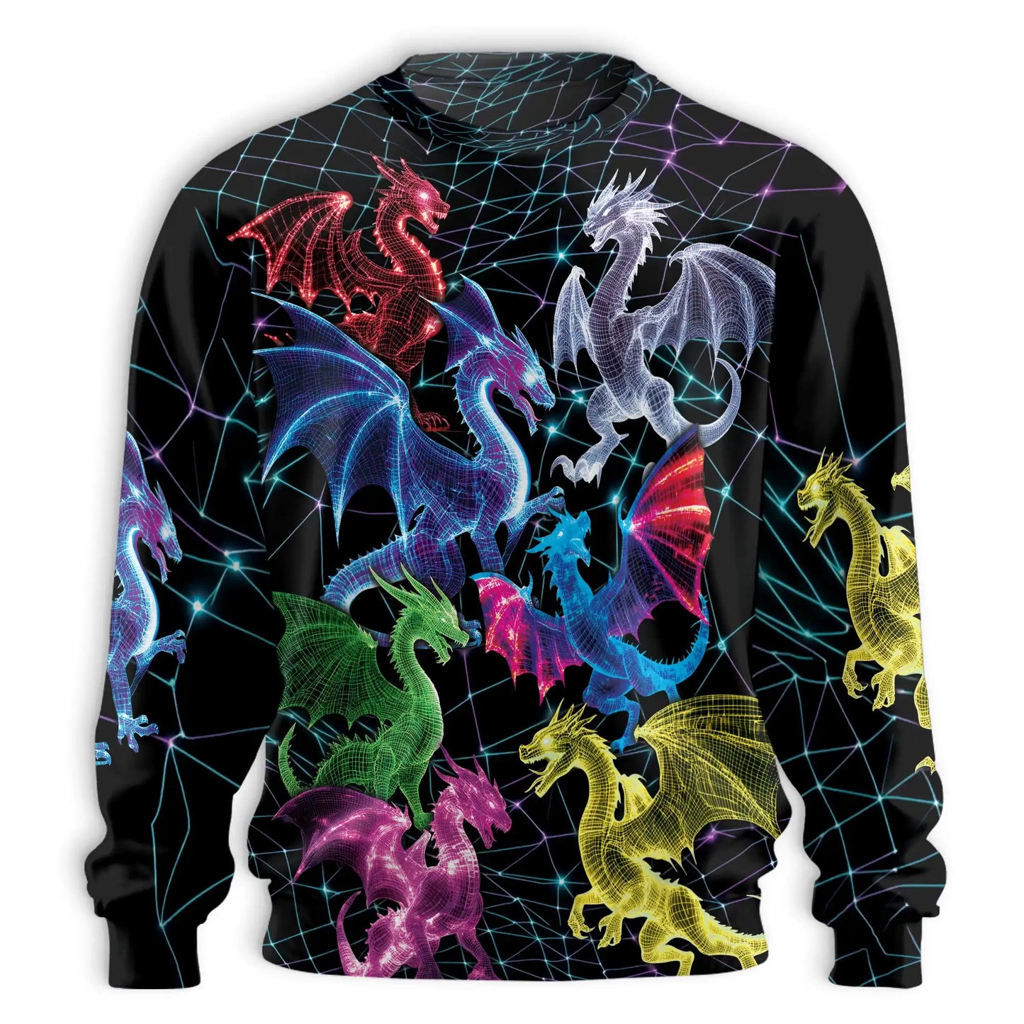 Neon Wireframe Dragon Pattern Sweatshirt, 3D All Over Print Futuristic Cyber Dragon Crewneck Pullover for Men Women, Dragon Lover Gift - Netecom