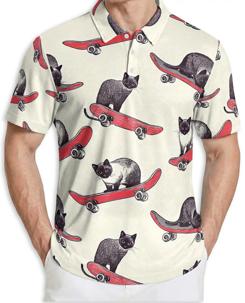 Skateboarding Cat Polo Shirt – Funny Cat Print | Netecom