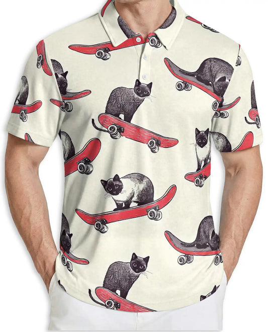 Skateboarding Cat Polo Shirt – Funny Cat Print | Netecom