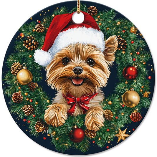 Netecom Cute Yorkshire Terrier Christmas Ornament, Yorkie Puppy Ceramic Ornament for Christmas Tree Hanging Decorations Gift, Dog Lover Gifts, Holiday Party Present