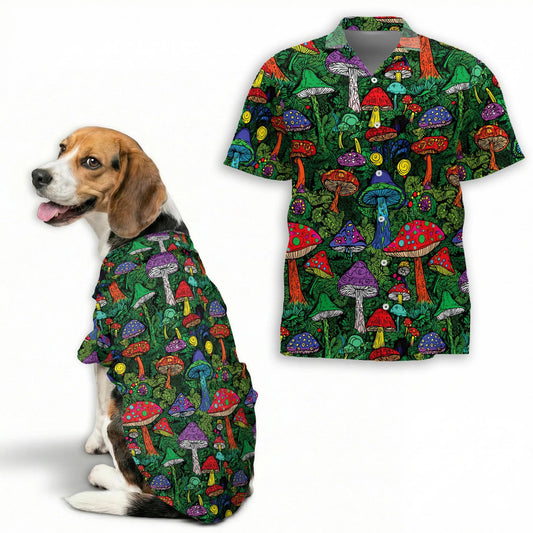 Vintage Hippie Mushroom Print Hawaii Dog and Owner Matching Button Shirts