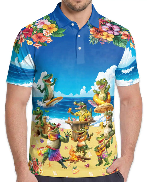 Funny Alligator Beach Hawaiian Polo Shirt | Netecom