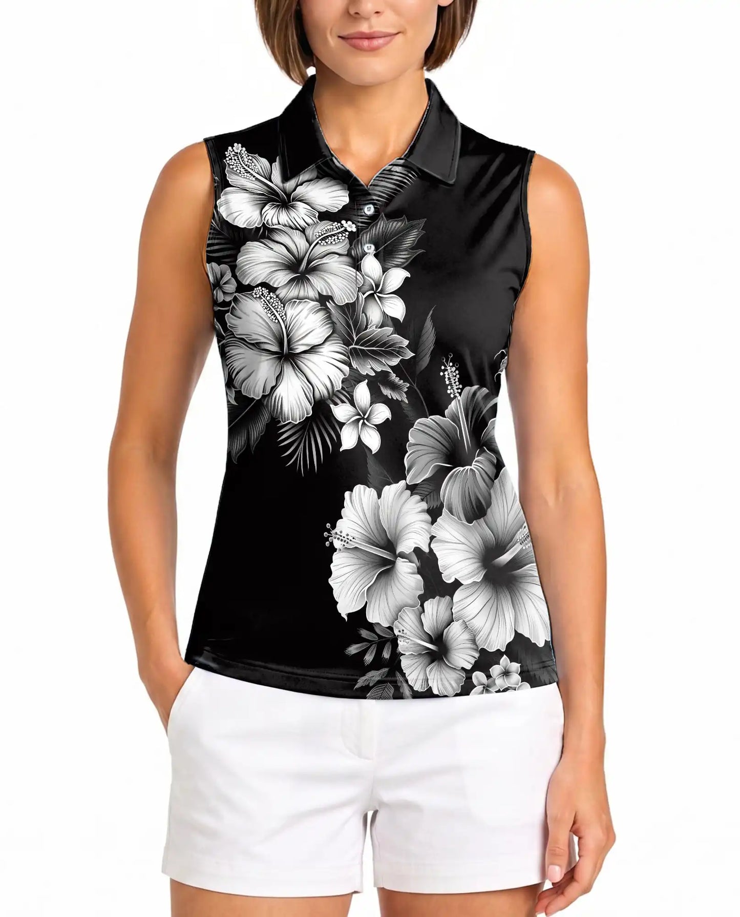 Black And White Hibiscus Polynesian Sleeveless Polo Shirt for Women | Netecom