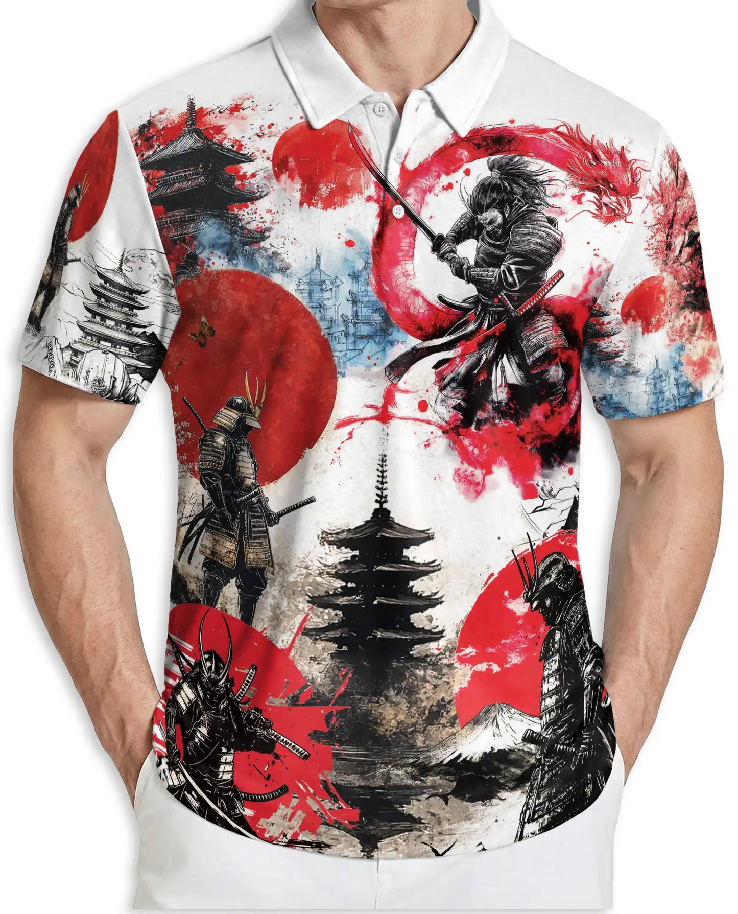 Japanese Samurai Dragon 3D Polo Shirt for Men – Warrior Mythology Art Style | Netecom