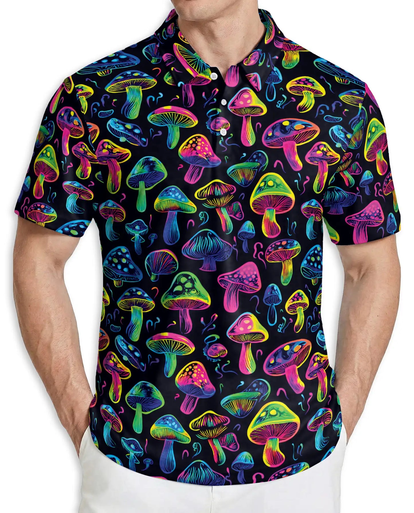 Neon Mushroom Pattern Hawaiian Polo Shirt | Netecom