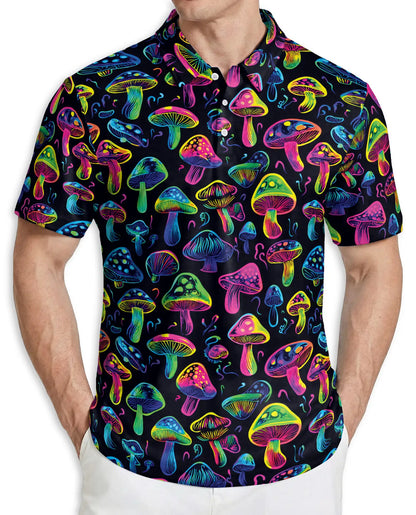 Neon Mushroom Pattern Hawaiian Polo Shirt | Netecom
