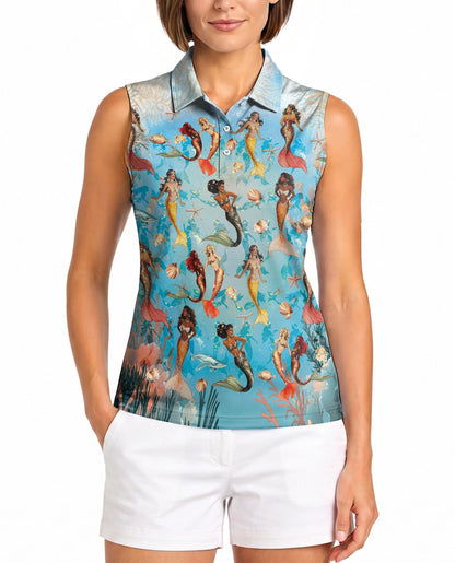 Mermaid Sea Horse Coral Reef Sleeveless Polo Shirt for Women | Netecom