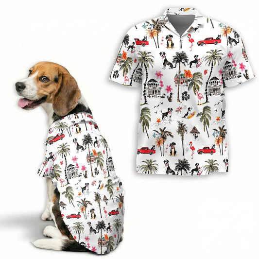 Coconut Rat Terrier Tree Flower Print Hawaii Dog and Owner Matching Button Hawaiian Shirts