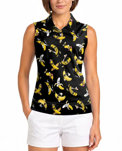Banana Pattern Sleeveless Polo Shirt for Women | Netecom