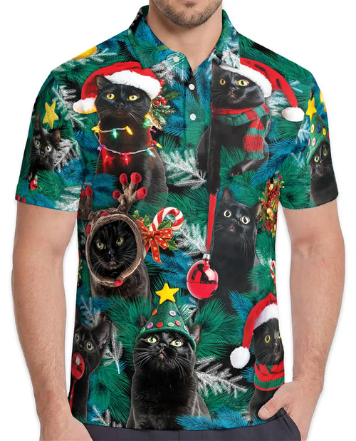 Black Cat Christmas Polo Shirt - Festive Holiday Pet Style | Netecom
