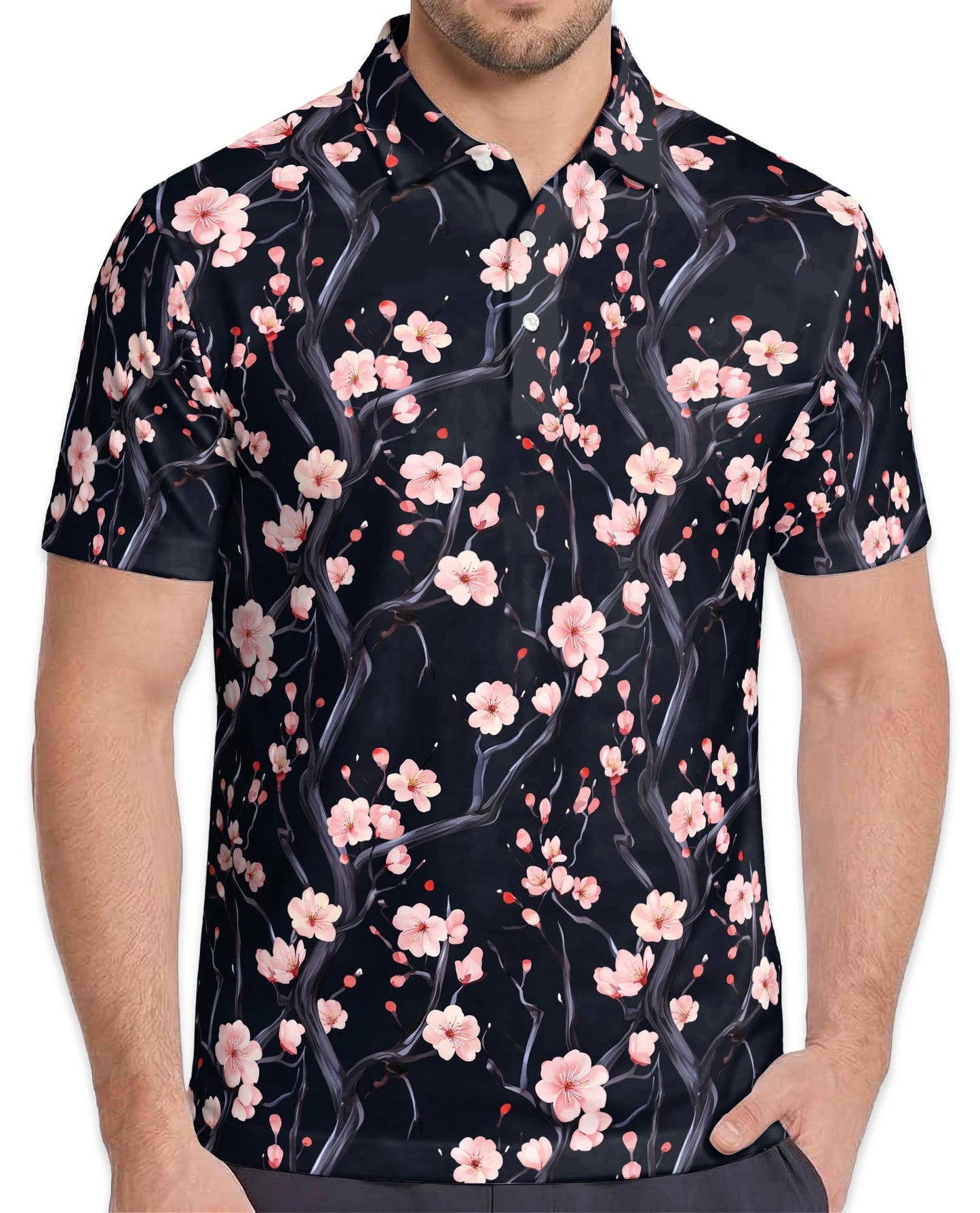 Japanese Floral Polo Shirt for Men – Elegant Sakura Art Style | Netecom