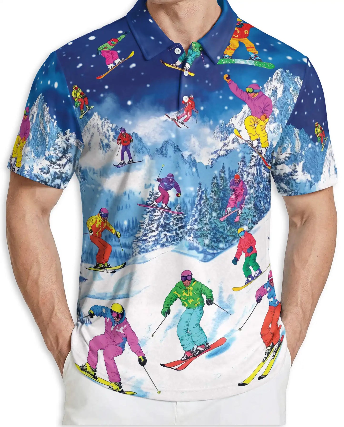 Colorful Skiing 3D Polo Shirt for Men – Winter Mountain Sports Style | Netecom