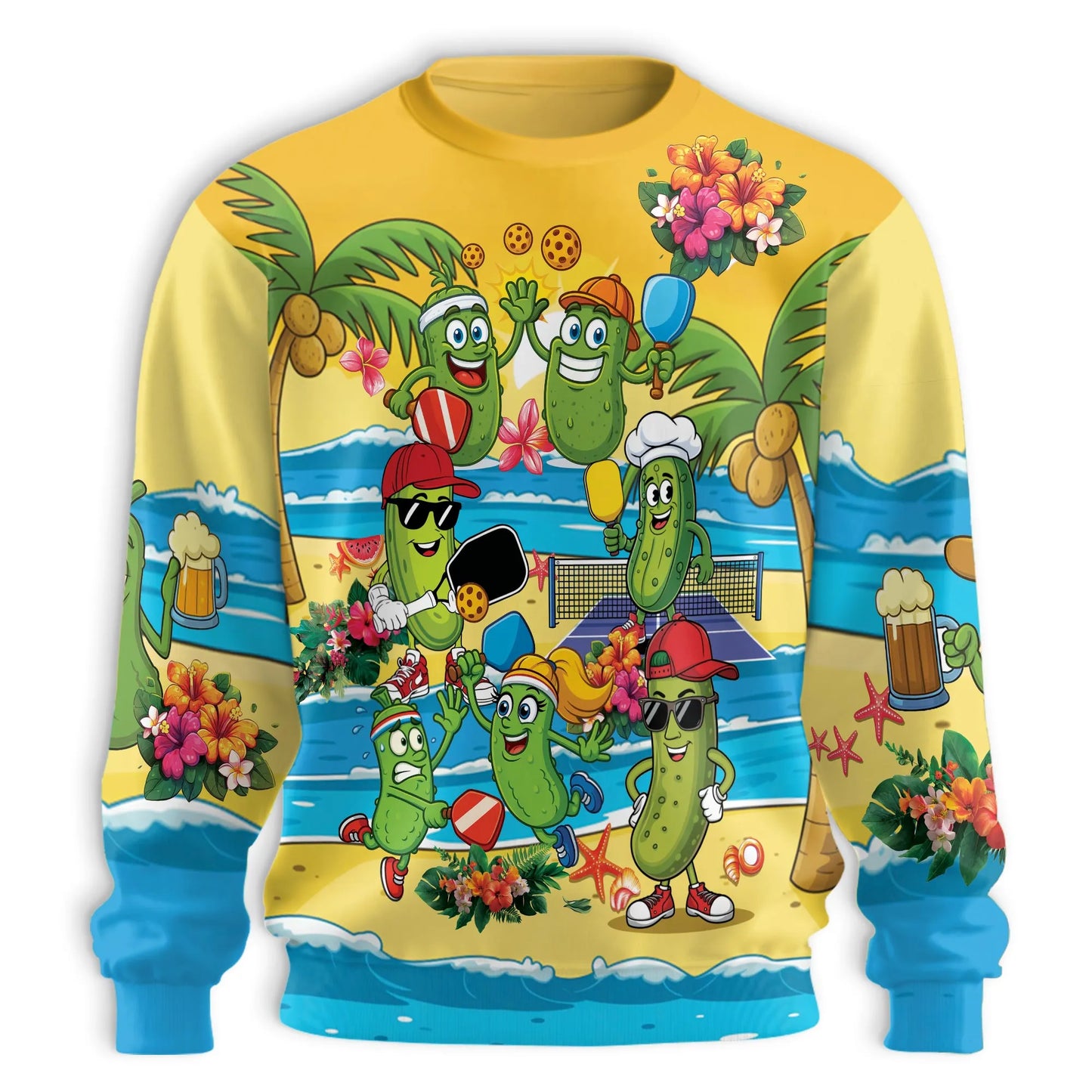 Pickleball Cartoons on the Beach Sweatshirt, 3D All Over Print Funny Pickleball Sports Crewneck Pullover for Men Women, Pickleball Lover Gift - Netecom