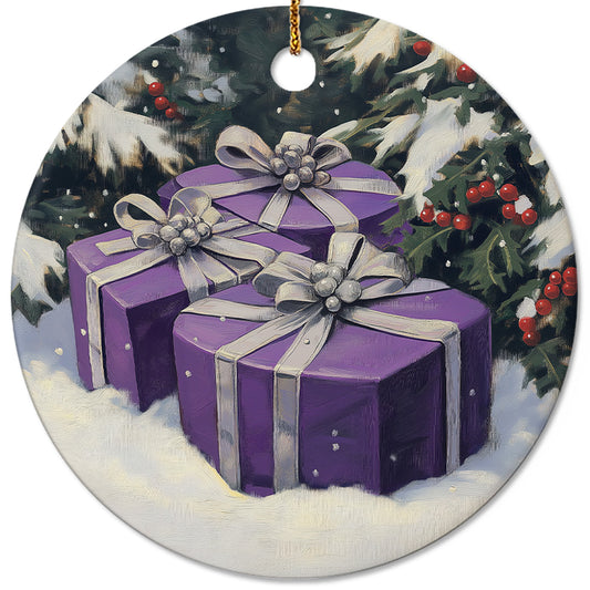 Netecom Purple Gift Box on Snow Christmas Ornaments, Ceramic Present With Silver Ribbon Keepsake Ornament for Christmas Tree Decorations, Gifts for Holiday, Party, Home Decor