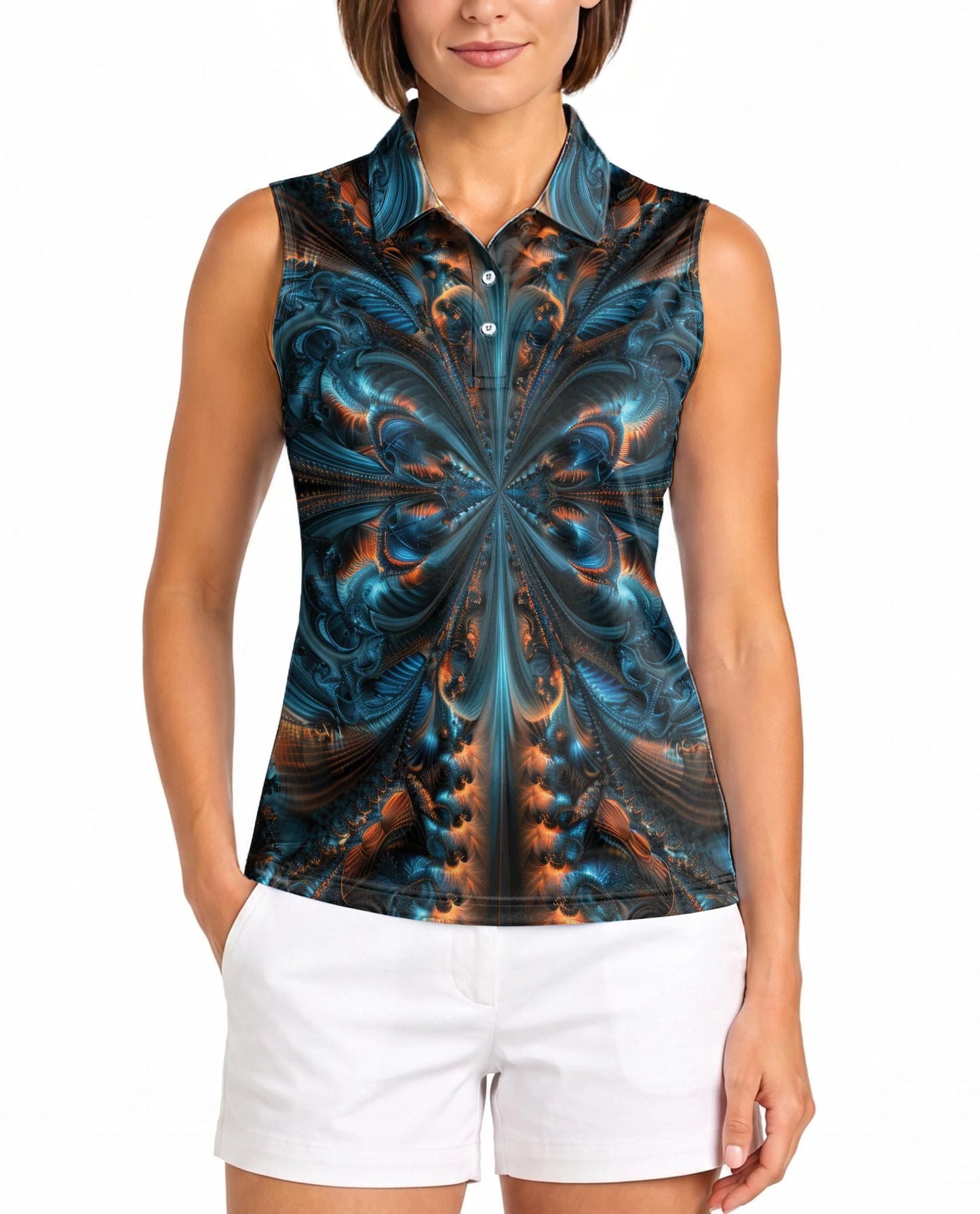 Fractal Art Pattern Sleeveless Polo Shirt for Women | Netecom