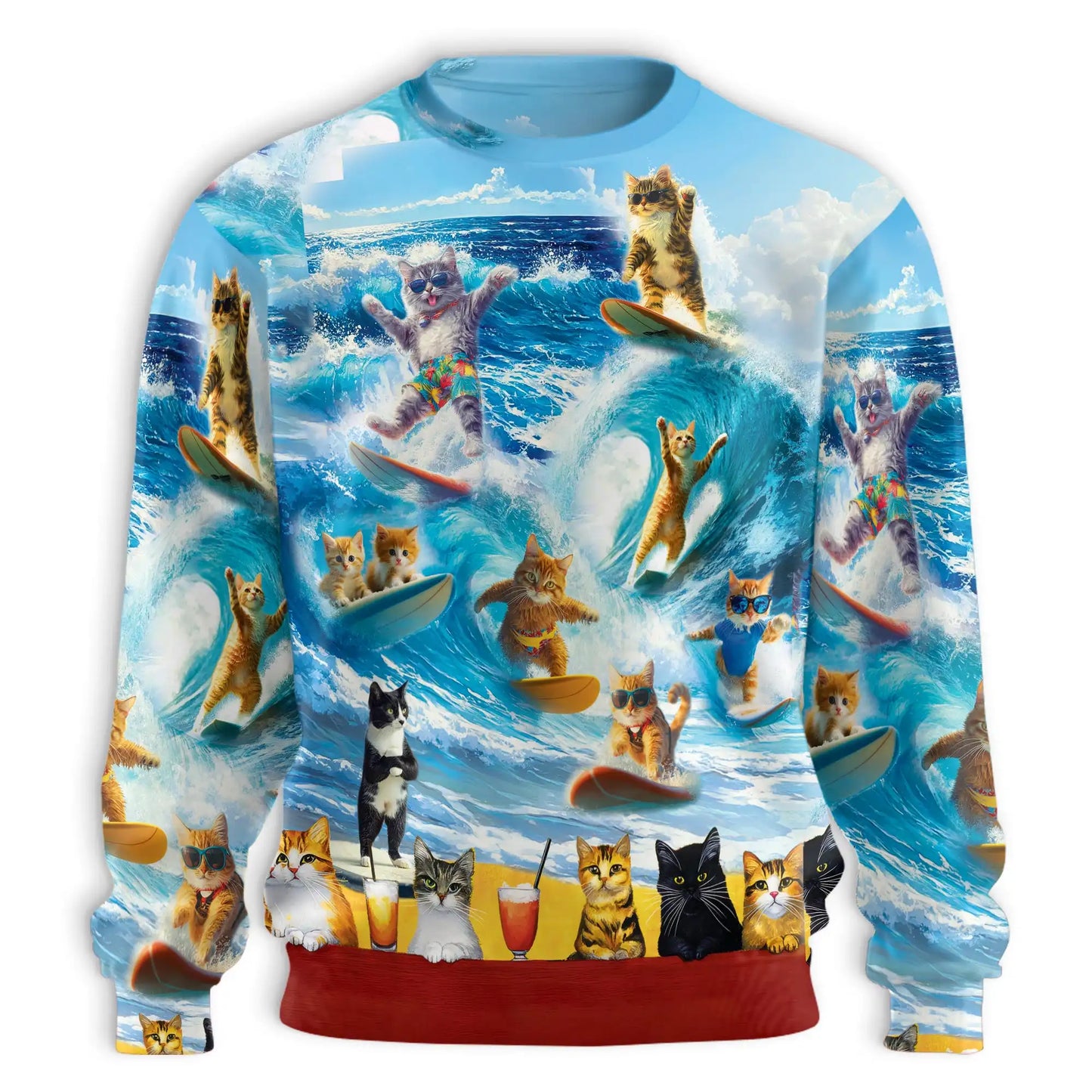 Cat Surfing Sweatshirt, 3D All Over Print Funny Beach Cat Crewneck Pullover for Men Women, Cat Lover Gift - Netecom