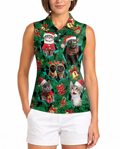 Cats Christmas Sleeveless Polo Shirt for Women – Cute Holiday Style | Netecom