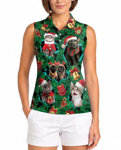 Cats Christmas Sleeveless Polo Shirt for Women – Cute Holiday Style | Netecom
