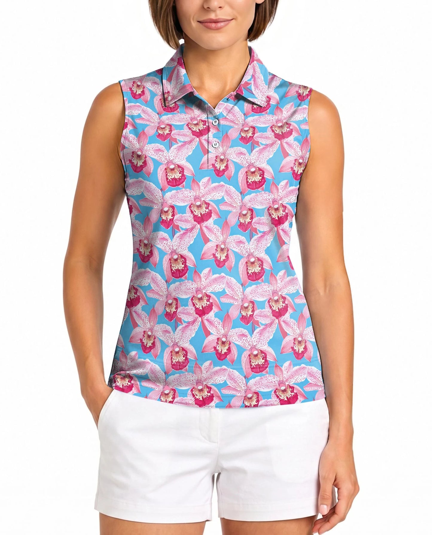 Pink Orchids Blue Sky Sleeveless Polo Shirt for Women – Tropical Floral Style | Netecom