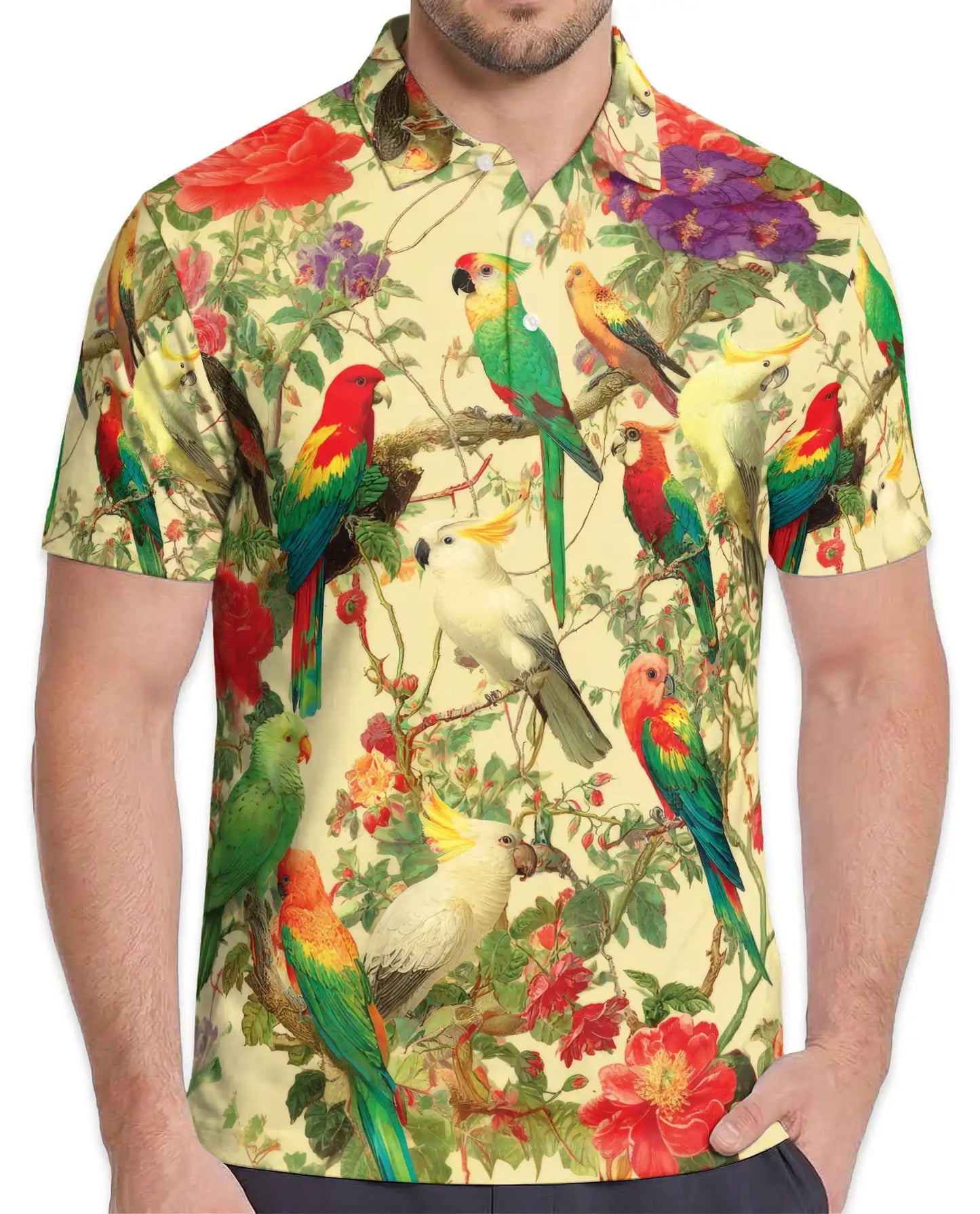 Tropical Birds Polo Shirt for Men – Colorful Parrot Print | Netecom