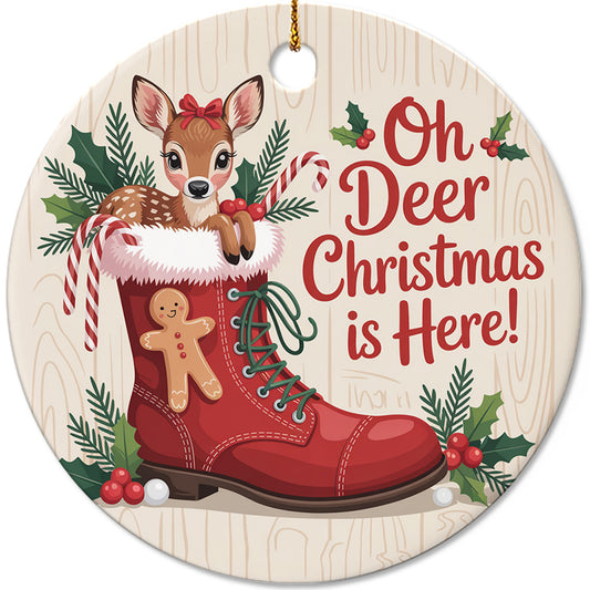 Netecom Cute Oh Deer Christmas is Here Ornament, Vintage Reindeer in Stocking Ceramic Ornament for Xmas Tree Hanging Decorations Gift, Gifts for Friends & Family, Holiday Party Present