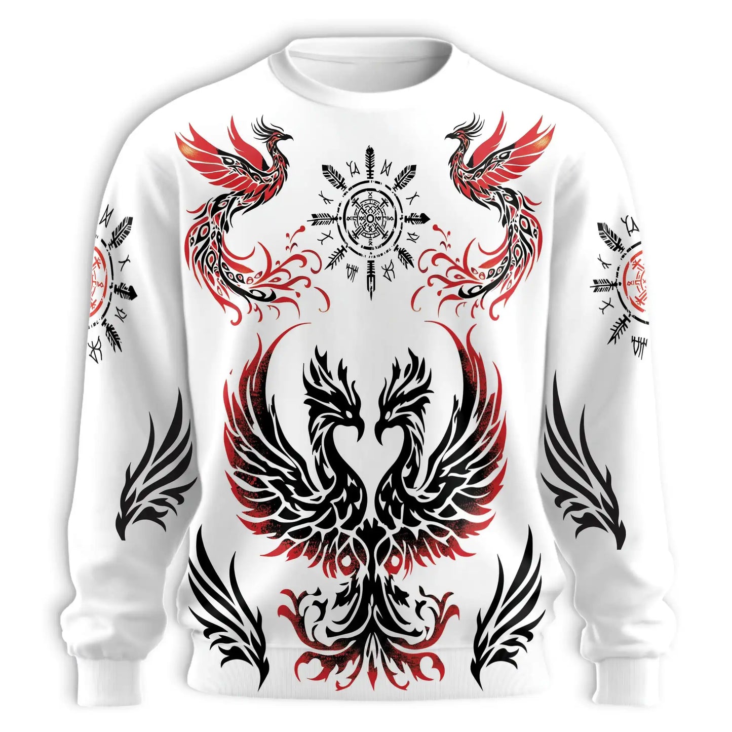 Viking Phoenix Sweatshirt, 3D All Over Print Norse Warrior Fire Bird Crewneck Pullover for Men Women, Viking Lover Gift - Netecom