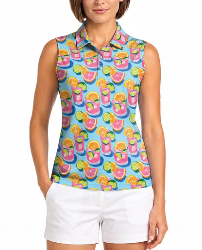 Cocktails Gouache Painting Sleeveless Polo Shirt for Women – Artistic Summer Style | Netecom