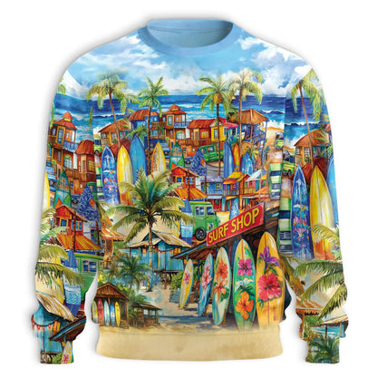 Vintage Surf Shop Beach Scene Pattern Sweatshirt, 3D All Over Print Retro Ocean Crewneck Pullover for Men Women, Surf Lover Gift - Netecom