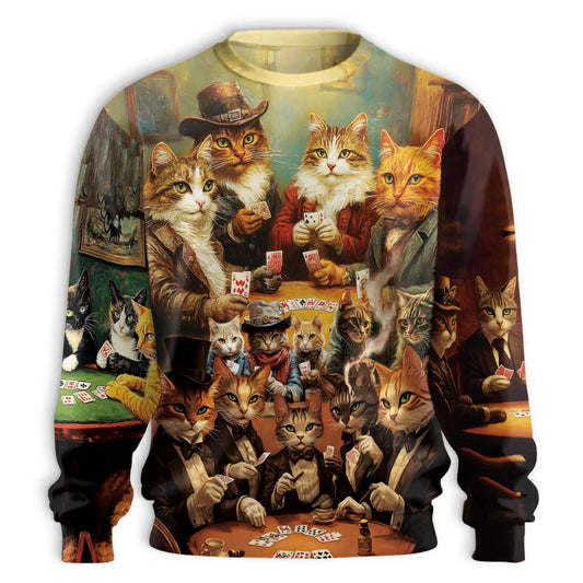 Cats Playing Poker Sweatshirt, 3D All Over Print Funny Cat Card Game Crewneck Pullover for Men Women, Cat Lover Gift - Netecom