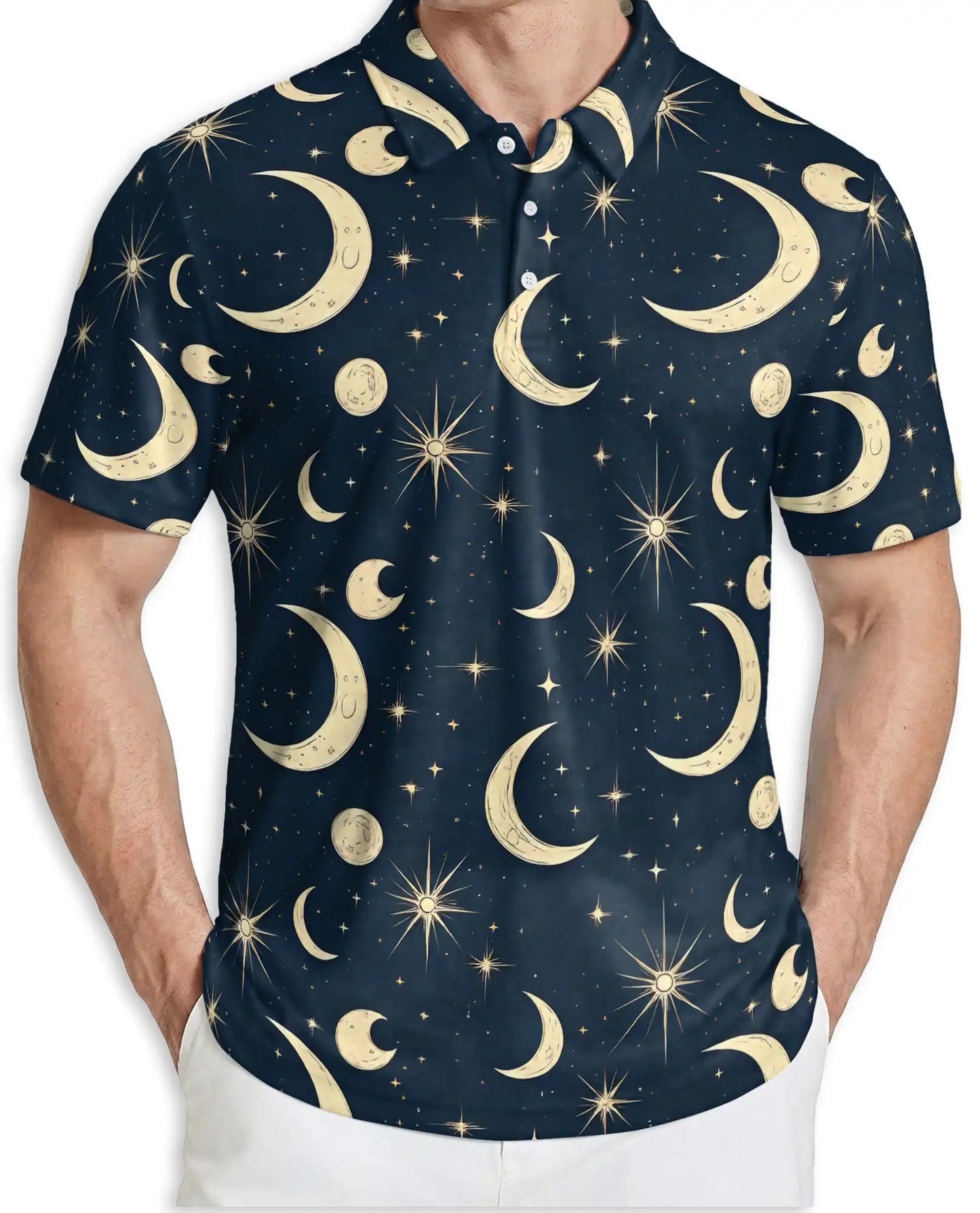 Celestial Moon Polo Shirt- Night Sky Stars Cosmic Print | Netecom