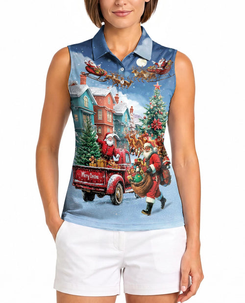 Stay Cool Santa Claus Christmas Sleeveless Polo Shirt for Women | Netecom