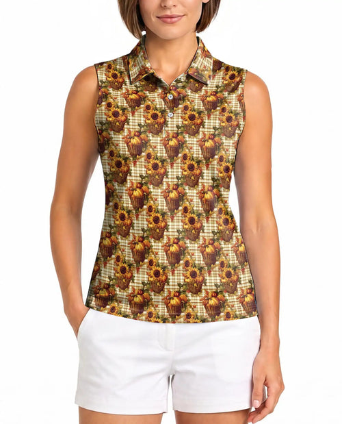 Pumpkin And Sunflower Basket Pattern Sleeveless Polo Shirt for Women  | Netecom