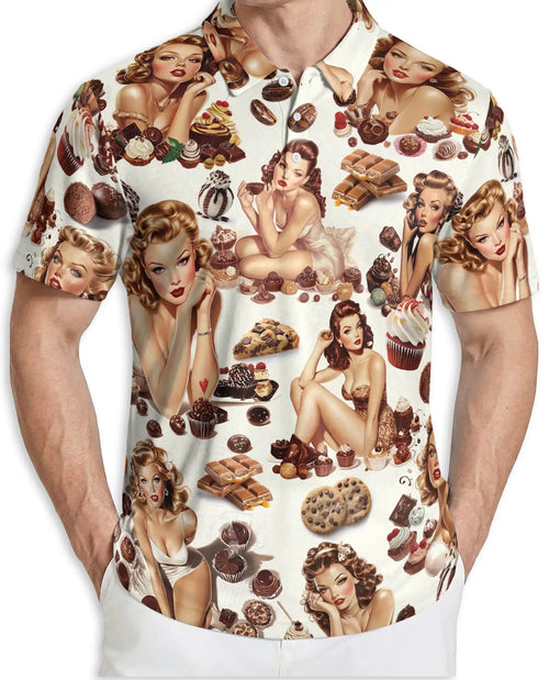 Vintage Pin Up Chocolate Polo Shirt - Retro Sweet Treat Style | Netecom