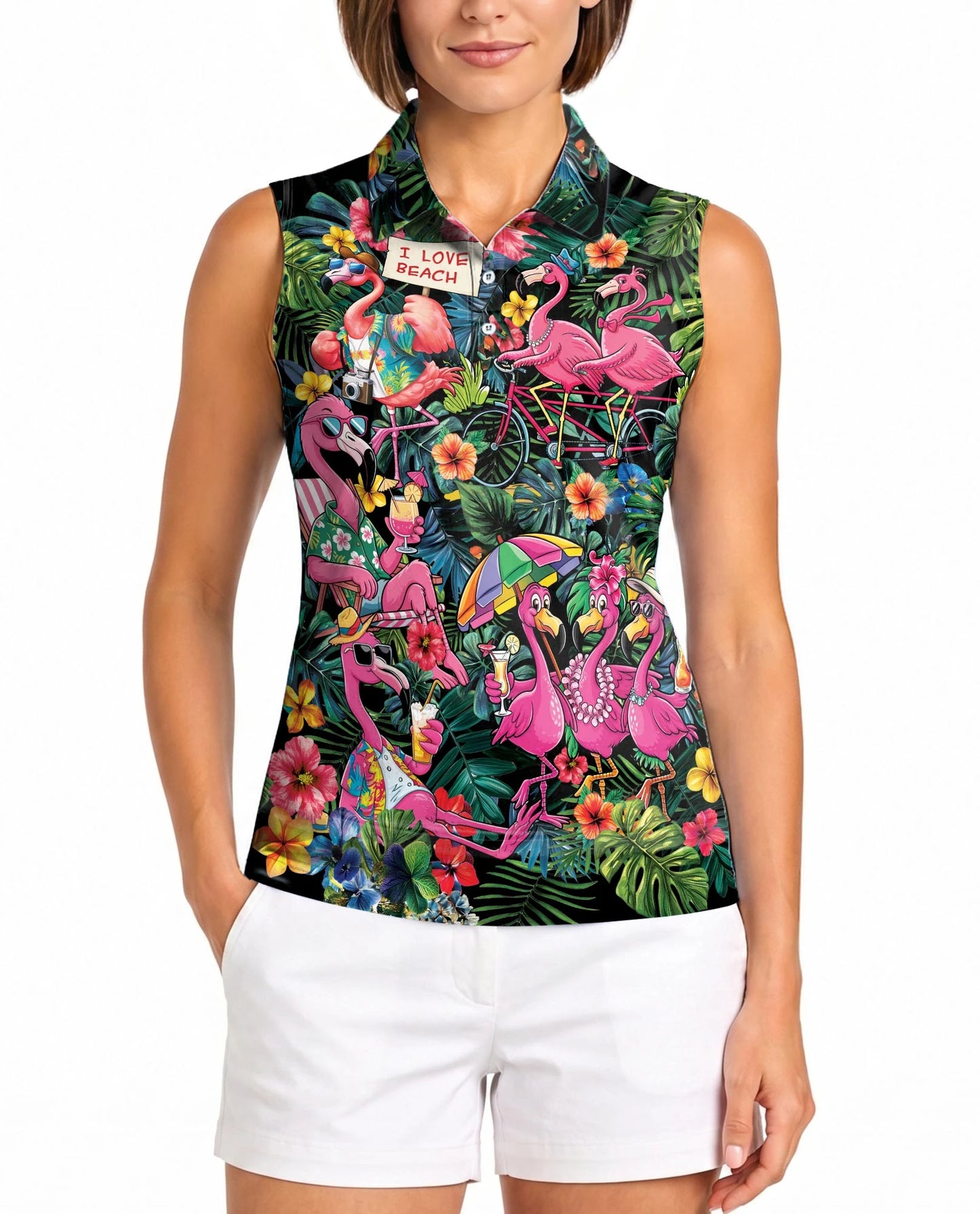 Aloha Flamingo 3D Tropical Sleeveless Polo Shirt for Women | Netecom