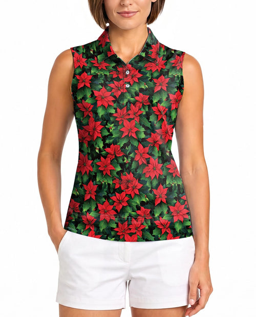 Poinsettia Pattern Sleeveless Polo Shirt for Women | Netecom