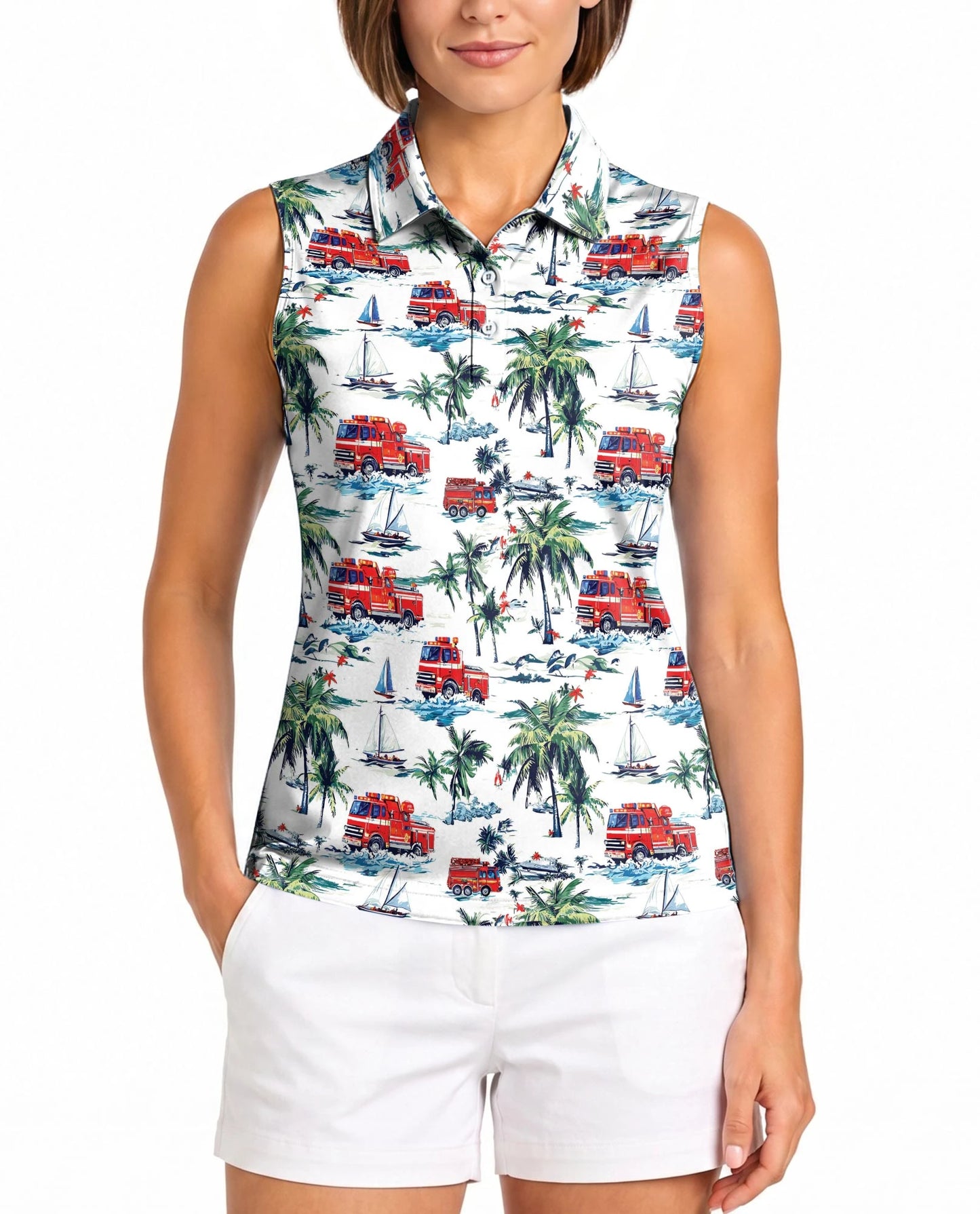 Fire Truck Friend of Firefighter Sleeveless Polo Shirt for Women | Netecom