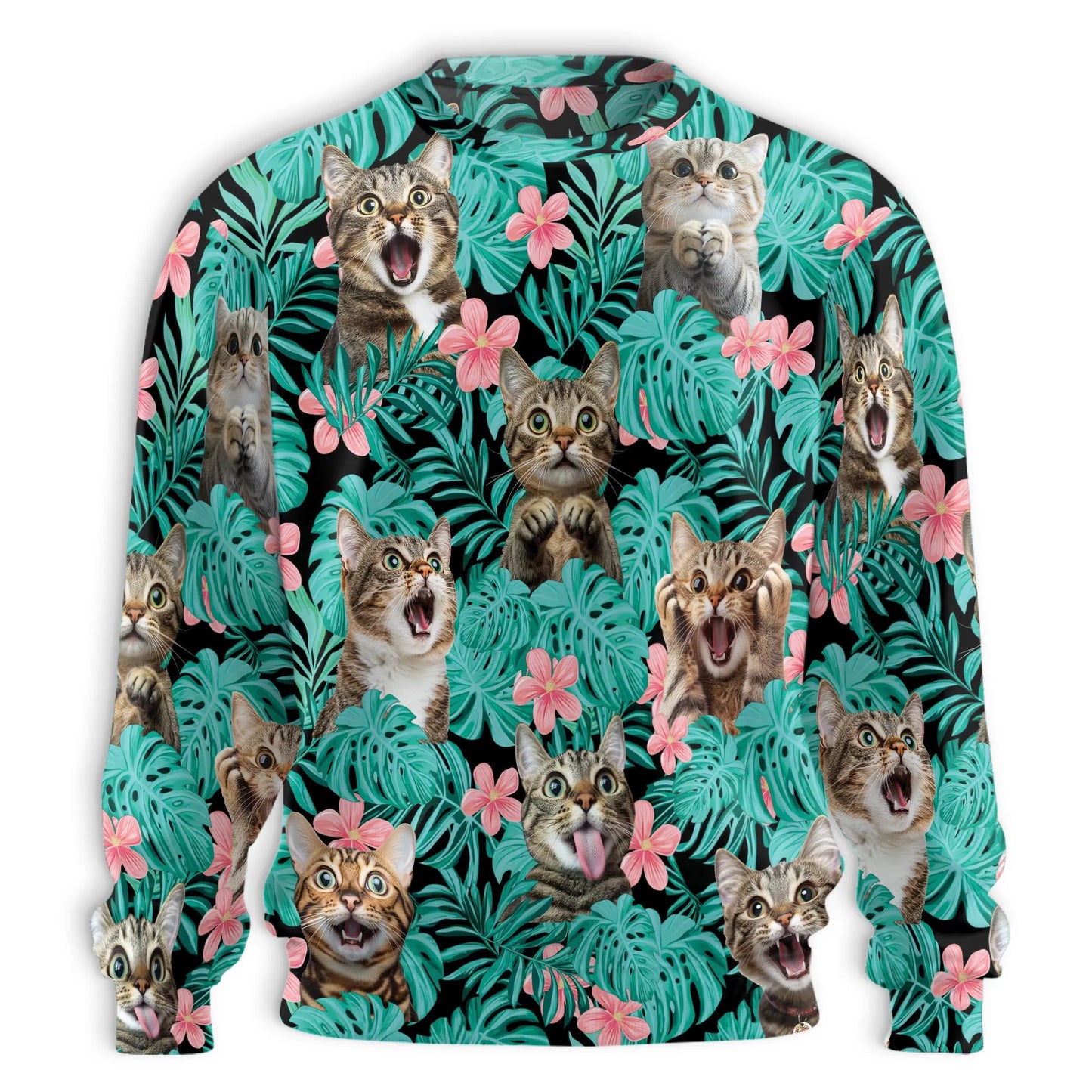 Tropical Cat and Flower Sweatshirt, 3D All Over Print Floral Cat Crewneck Pullover for Men Women, Cat Lover Gift - Netecom
