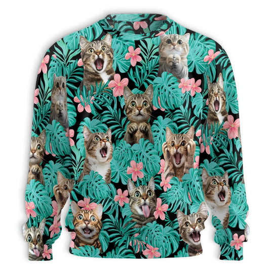 Tropical Cat and Flower Sweatshirt, 3D All Over Print Floral Cat Crewneck Pullover for Men Women, Cat Lover Gift - Netecom