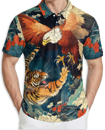 Eagle Tiger 3D Polo Shirt for Men – Fierce Wildlife Predator Style | Netecom