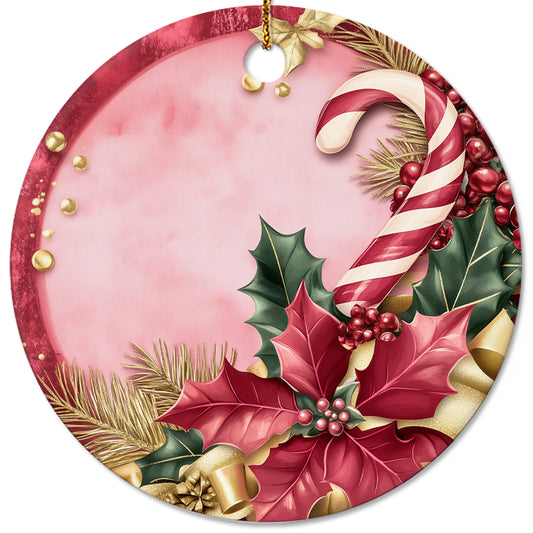 Netecom Elegant Pink Poinsettia and Holly Berries Leaves Christmas Ornament, Ceramic Candy Cane Keepsake Ornament for Xmas Tree Decorations, Gifts for Holiday, Party, Home Decor